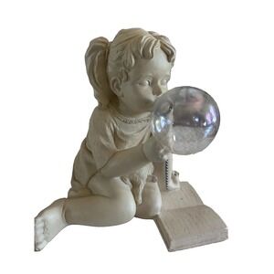 Vintage Girl Blowing Bubble Resin Figurine Reading Book With Cat Sculpture Decor